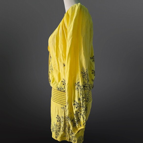 Y2K Yellow Floral Embroidered Romper Size S Boho Fairy Festival Long Sleeve - Picture 6 of 10